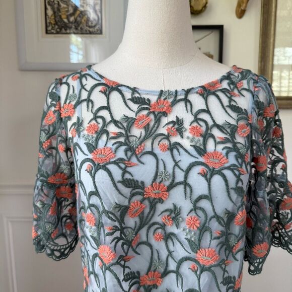 Anthropologie Moulinette Soeurs Floral Embroidered Mesh Tunic Sky $130 XS - Picture 2 of 8